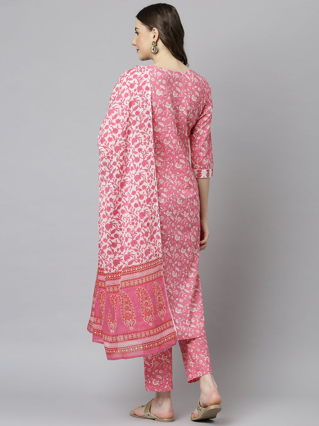 Janasya Women's Pink Cotton Floral Print Kurta With Pant And Dupatta | Grocsy