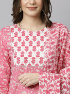Janasya Women's Pink Cotton Floral Print Kurta With Pant And Dupatta | Grocsy