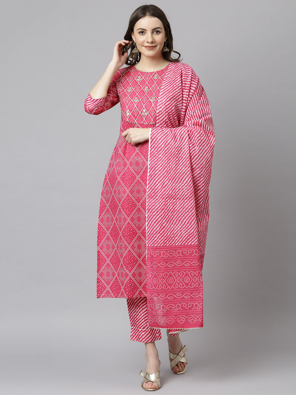 Janasya Women's Pink Cotton Bandhani Kurta With Pant And Dupatta | Grocsy