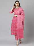 Janasya Women's Pink Cotton Bandhani Kurta With Pant And Dupatta | Grocsy