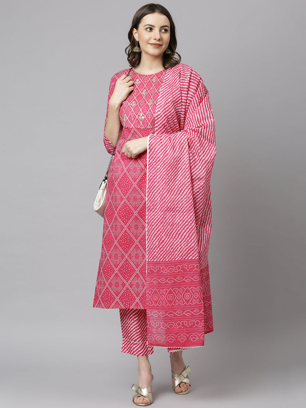 Janasya Women's Pink Cotton Bandhani Kurta With Pant And Dupatta | Grocsy