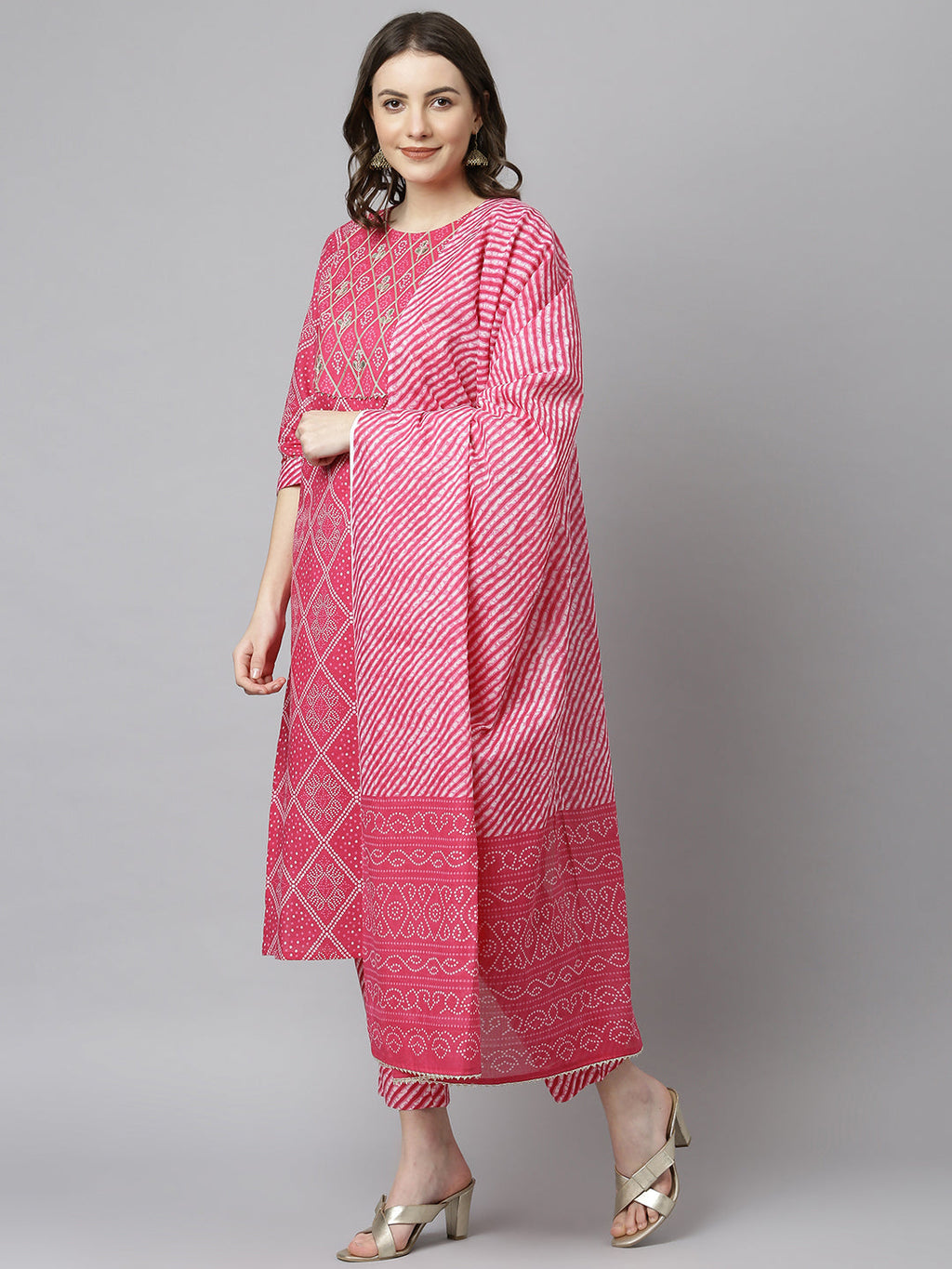 Janasya Women's Pink Cotton Bandhani Kurta With Pant And Dupatta | Grocsy