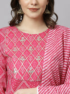 Janasya Women's Pink Cotton Bandhani Kurta With Pant And Dupatta | Grocsy