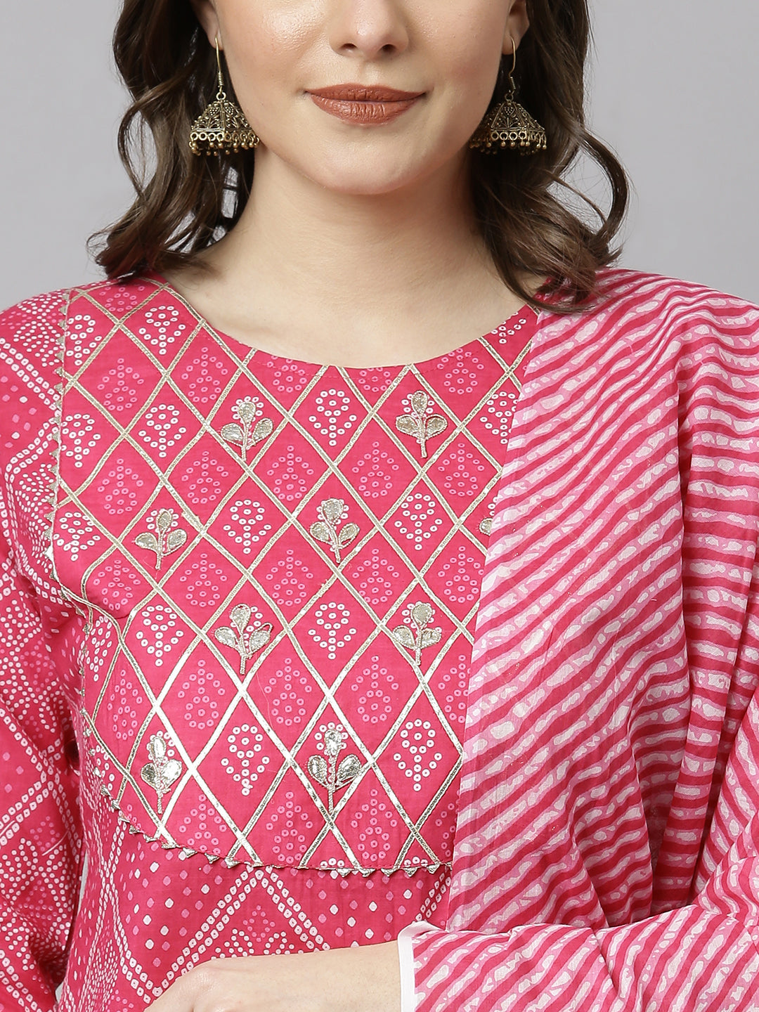 Janasya Women's Pink Cotton Bandhani Kurta With Pant And Dupatta | Grocsy
