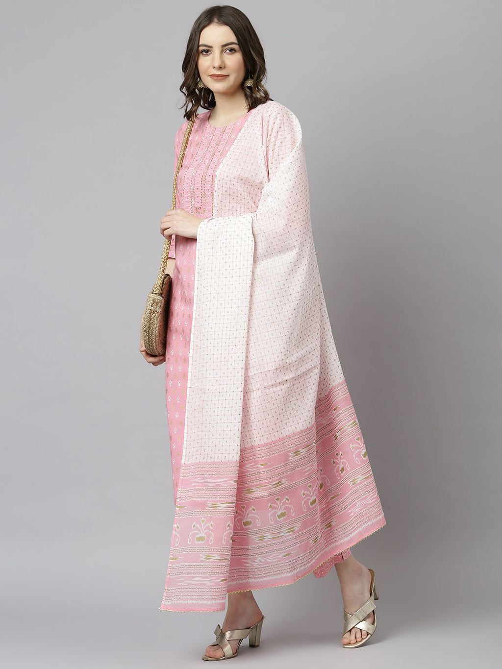 Janasya Women's Light Pink Cotton Gold Print Kurta With Pant And Dupatta | Grocsy