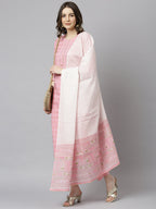 Janasya Women's Light Pink Cotton Gold Print Kurta With Pant And Dupatta | Grocsy
