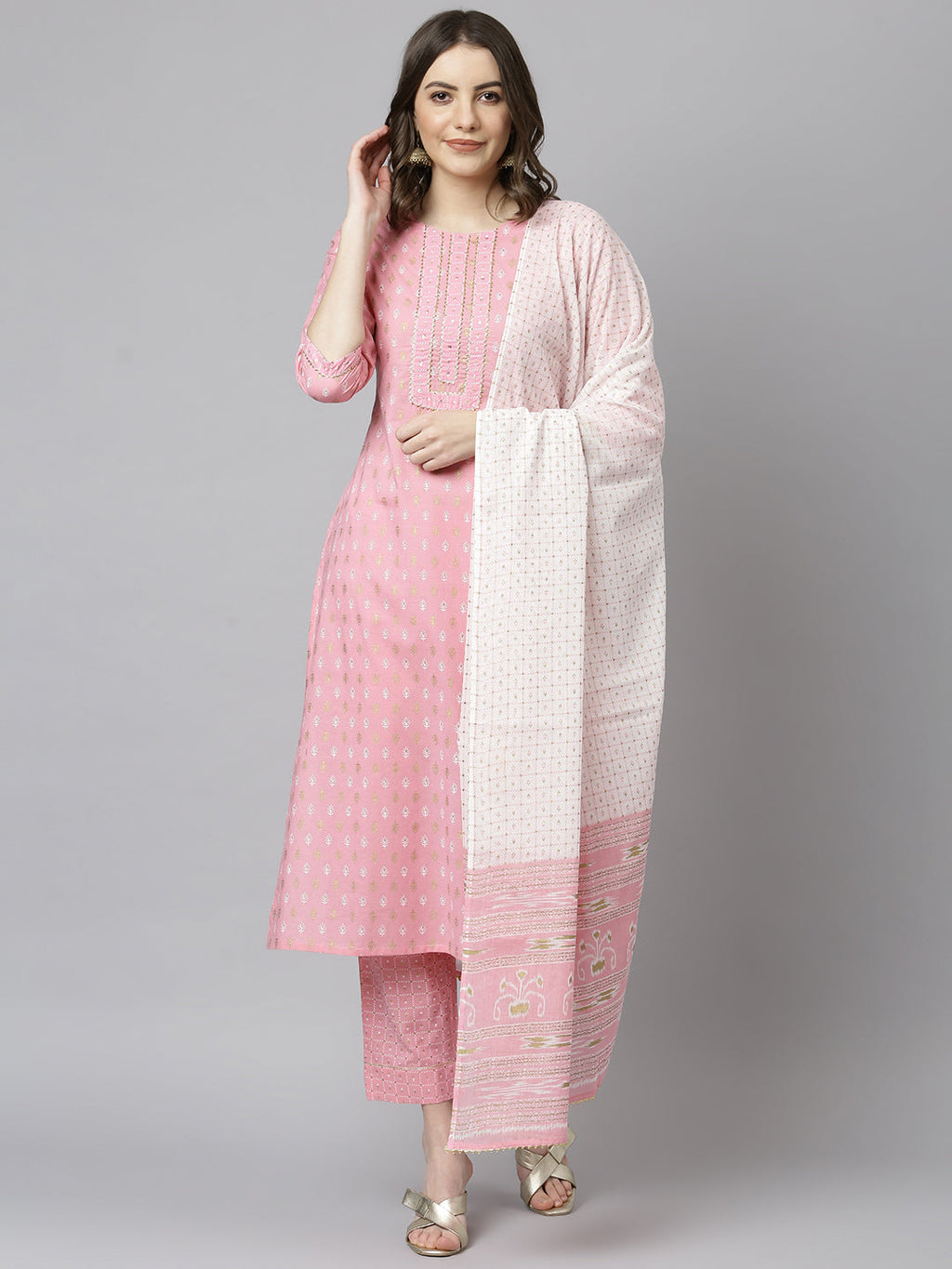 Janasya Women's Light Pink Cotton Gold Print Kurta With Pant And Dupatta | Grocsy