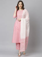 Janasya Women's Light Pink Cotton Gold Print Kurta With Pant And Dupatta | Grocsy