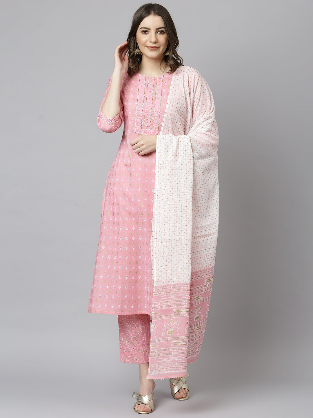 Janasya Women's Light Pink Cotton Gold Print Kurta With Pant And Dupatta | Grocsy