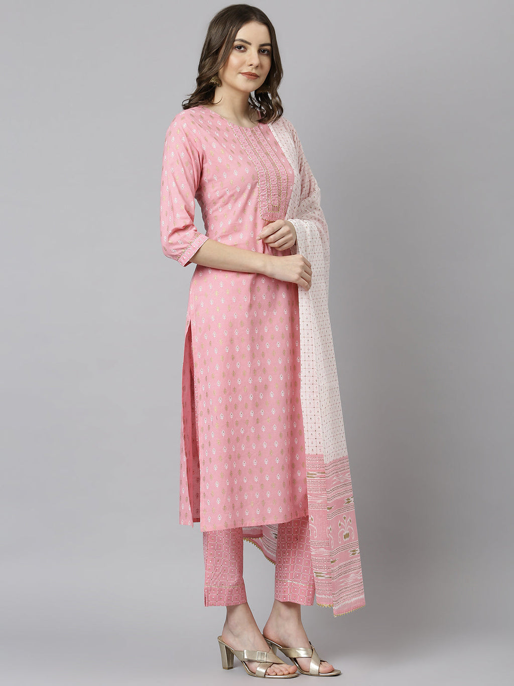 Janasya Women's Light Pink Cotton Gold Print Kurta With Pant And Dupatta | Grocsy