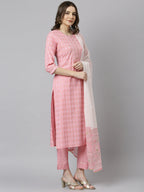 Janasya Women's Light Pink Cotton Gold Print Kurta With Pant And Dupatta | Grocsy