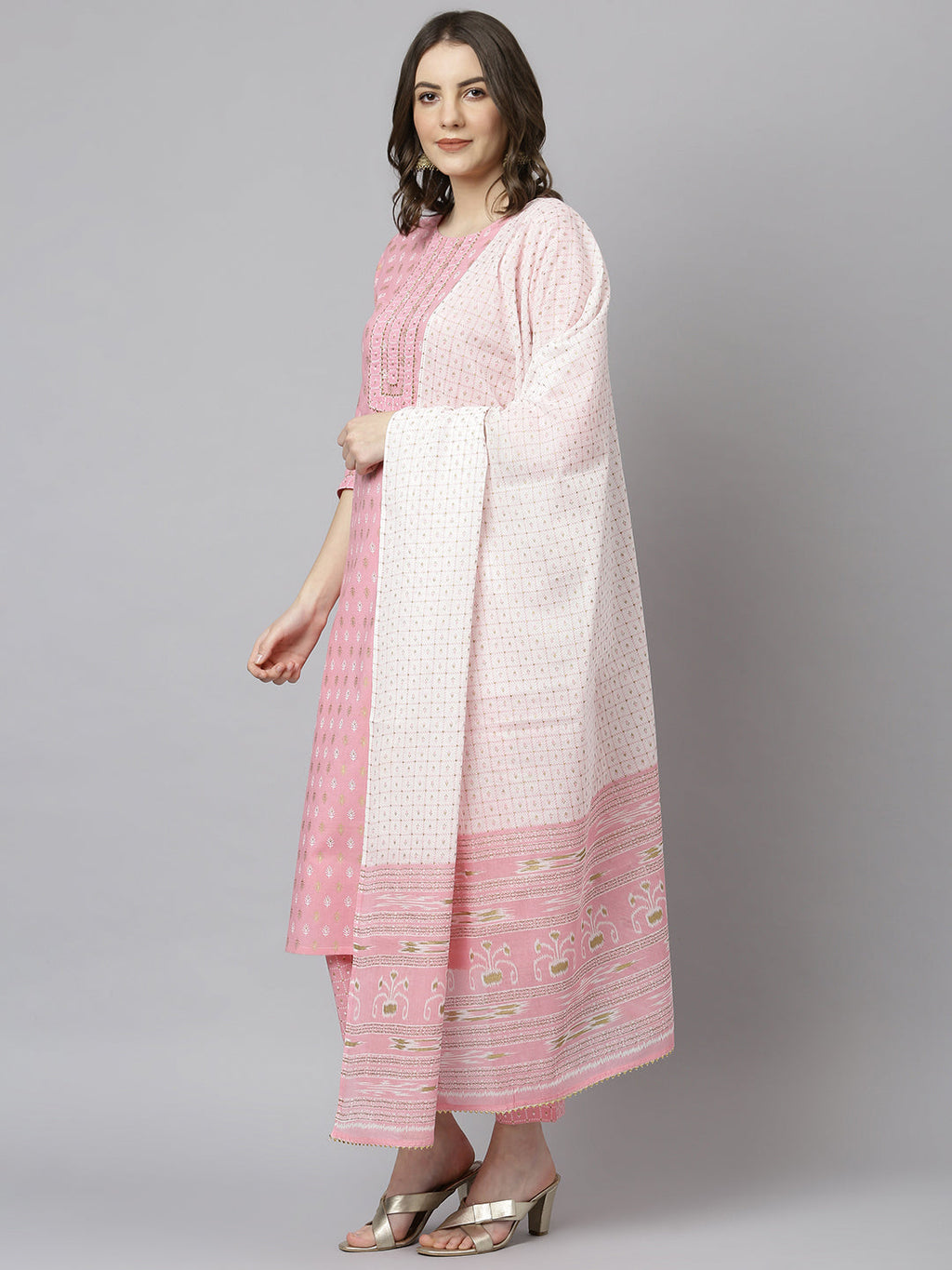 Janasya Women's Light Pink Cotton Gold Print Kurta With Pant And Dupatta | Grocsy