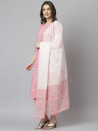 Janasya Women's Light Pink Cotton Gold Print Kurta With Pant And Dupatta | Grocsy