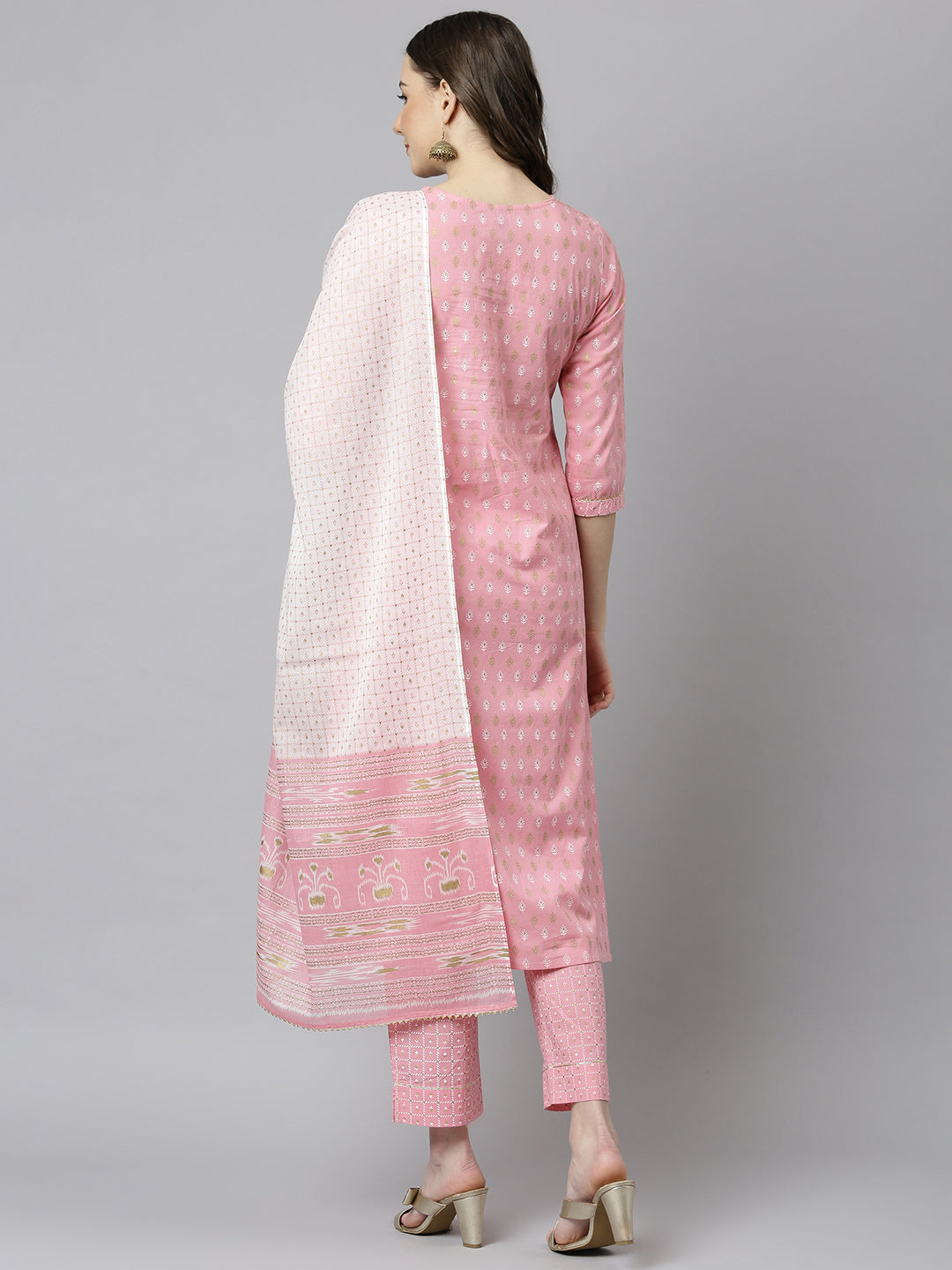 Janasya Women's Light Pink Cotton Gold Print Kurta With Pant And Dupatta | Grocsy