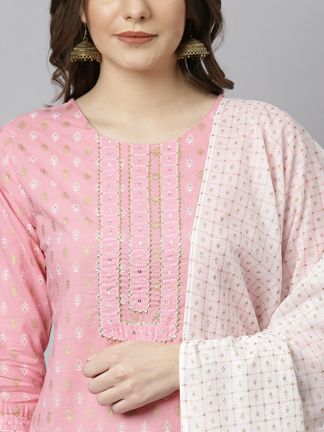 Janasya Women's Light Pink Cotton Gold Print Kurta With Pant And Dupatta | Grocsy