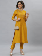 Janasya Women's Mustard Poly Silk Solid Straight Festive Kurta Set | Grocsy