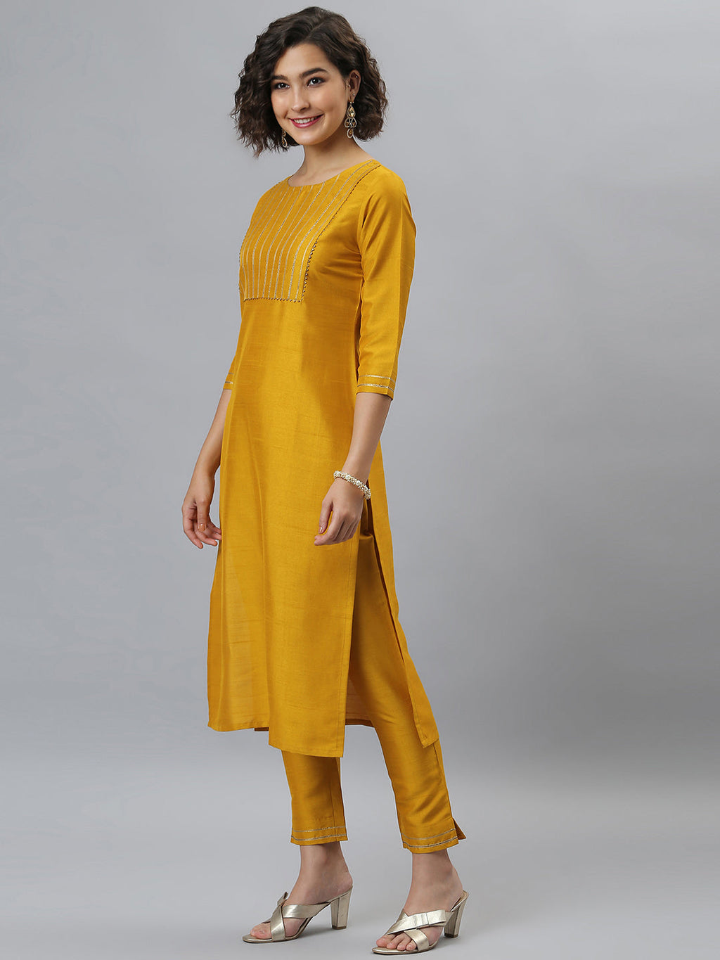 Janasya Women's Mustard Poly Silk Solid Straight Festive Kurta Set | Grocsy