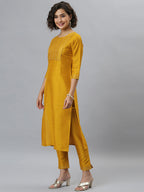 Janasya Women's Mustard Poly Silk Solid Straight Festive Kurta Set | Grocsy