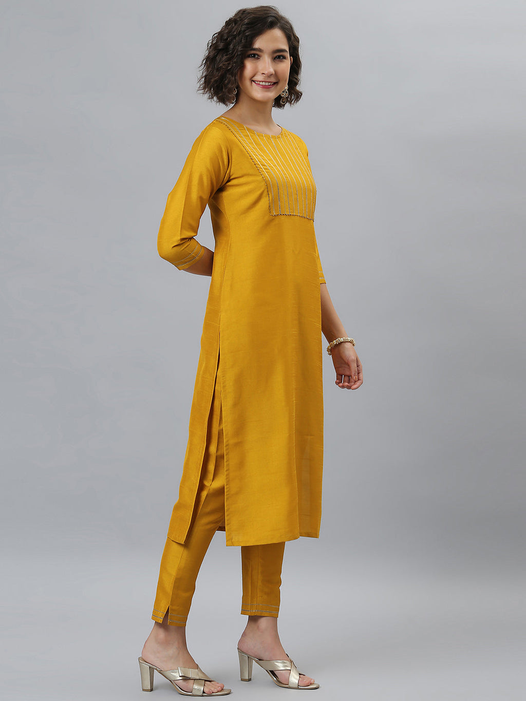 Janasya Women's Mustard Poly Silk Solid Straight Festive Kurta Set | Grocsy
