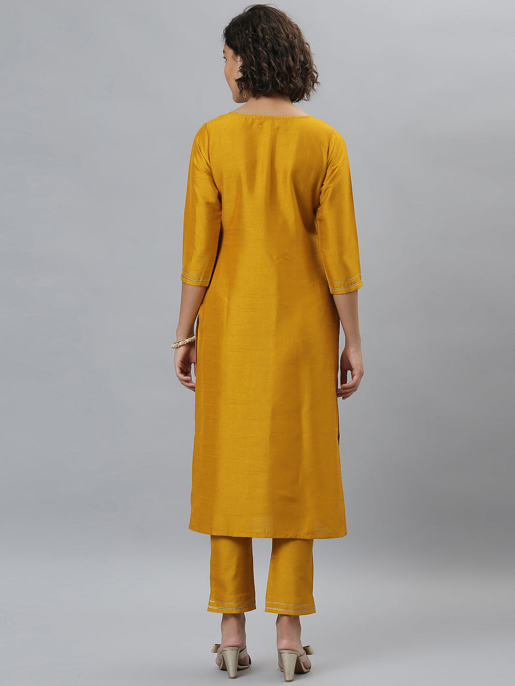 Janasya Women's Mustard Poly Silk Solid Straight Festive Kurta Set | Grocsy