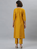 Janasya Women's Mustard Poly Silk Solid Straight Festive Kurta Set | Grocsy
