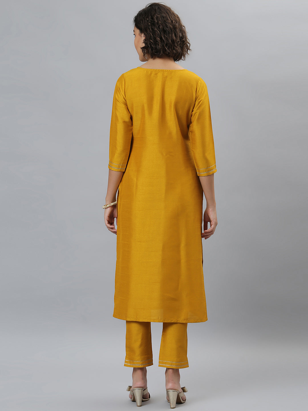 Janasya Women's Mustard Poly Silk Solid Straight Festive Kurta Set | Grocsy