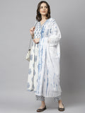 Janasya Women's White Cotton Block Print Kurta With Pant And Dupatta | Grocsy