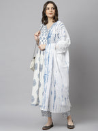 Janasya Women's White Cotton Block Print Kurta With Pant And Dupatta | Grocsy