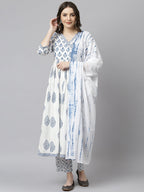 Janasya Women's White Cotton Block Print Kurta With Pant And Dupatta | Grocsy