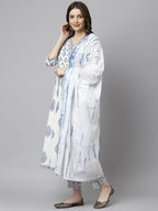 Janasya Women's White Cotton Block Print Kurta With Pant And Dupatta | Grocsy