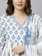 Janasya Women's White Cotton Block Print Kurta With Pant And Dupatta | Grocsy