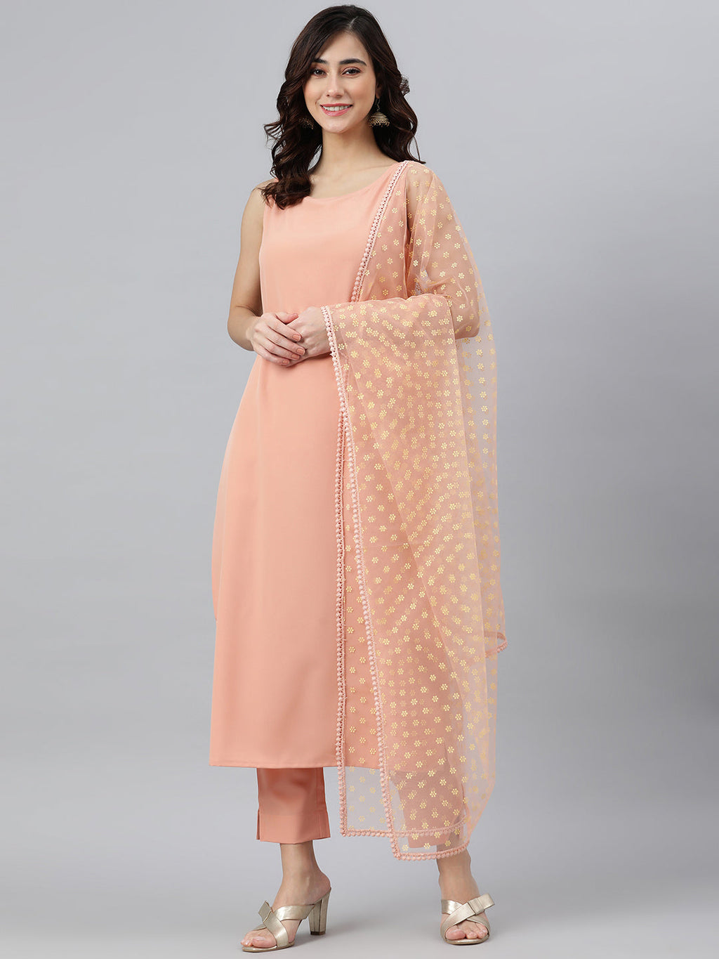 Janasya Peach Poly Crepe Solid Set | Grocsy