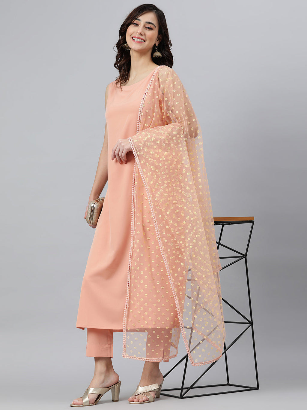 Janasya Peach Poly Crepe Solid Set | Grocsy