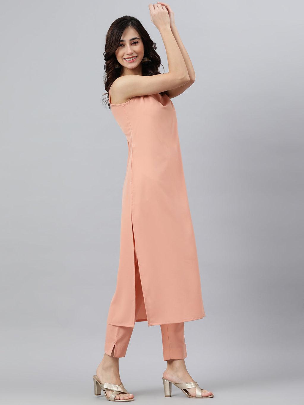 Janasya Peach Poly Crepe Solid Set | Grocsy
