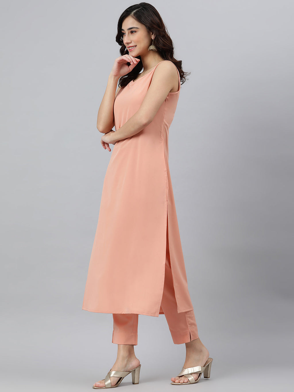 Janasya Peach Poly Crepe Solid Set | Grocsy