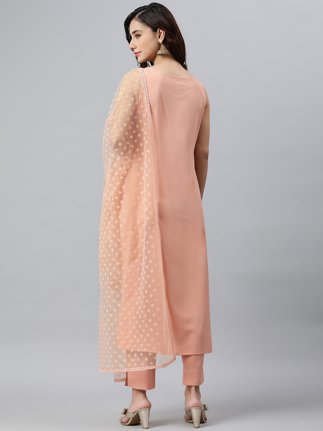 Janasya Peach Poly Crepe Solid Set | Grocsy