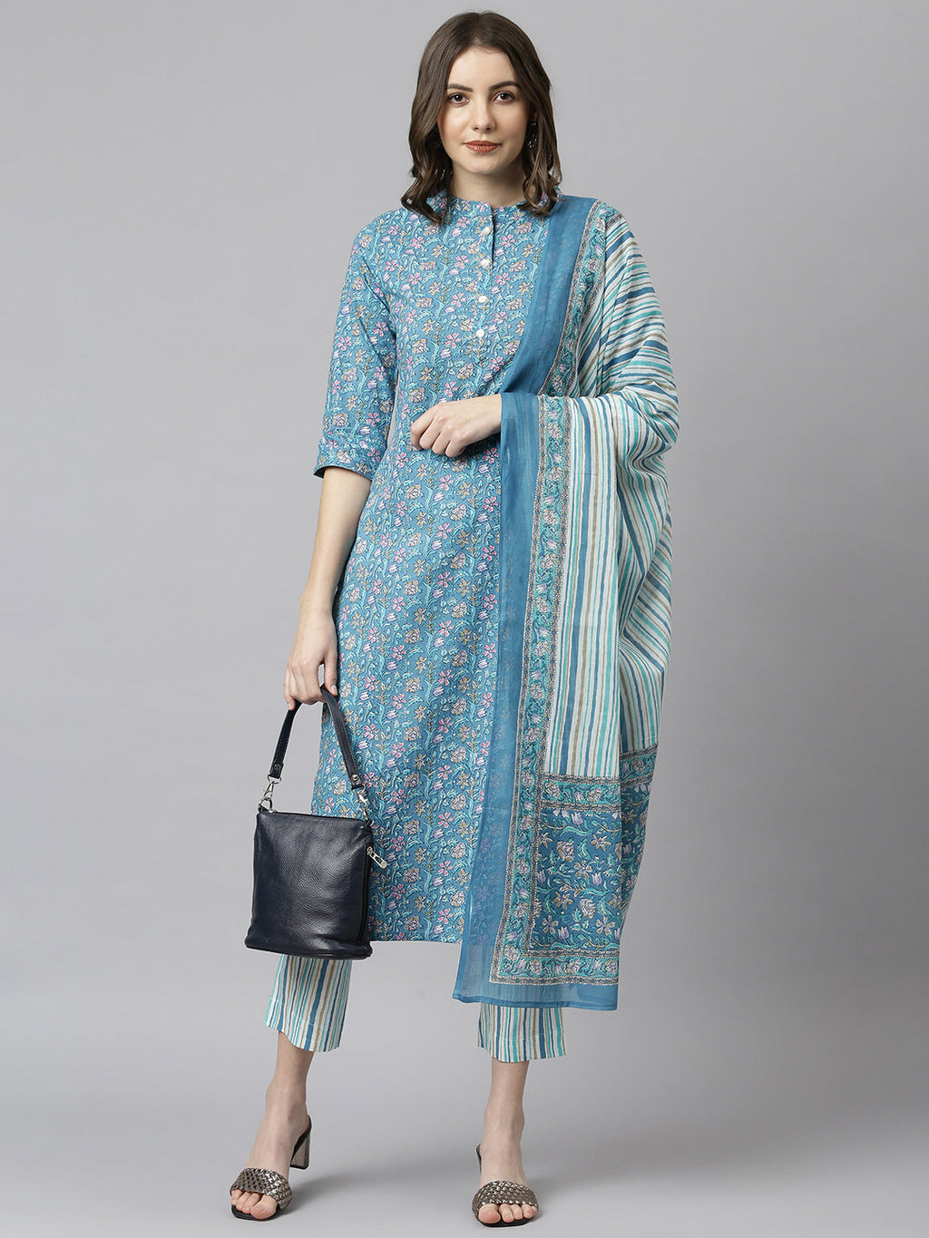 Janasya Women's Blue Cotton Floral Print Kurta With Pant And Dupatta | Grocsy