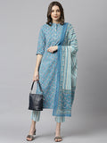 Janasya Women's Blue Cotton Floral Print Kurta With Pant And Dupatta | Grocsy