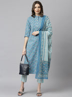Janasya Women's Blue Cotton Floral Print Kurta With Pant And Dupatta | Grocsy