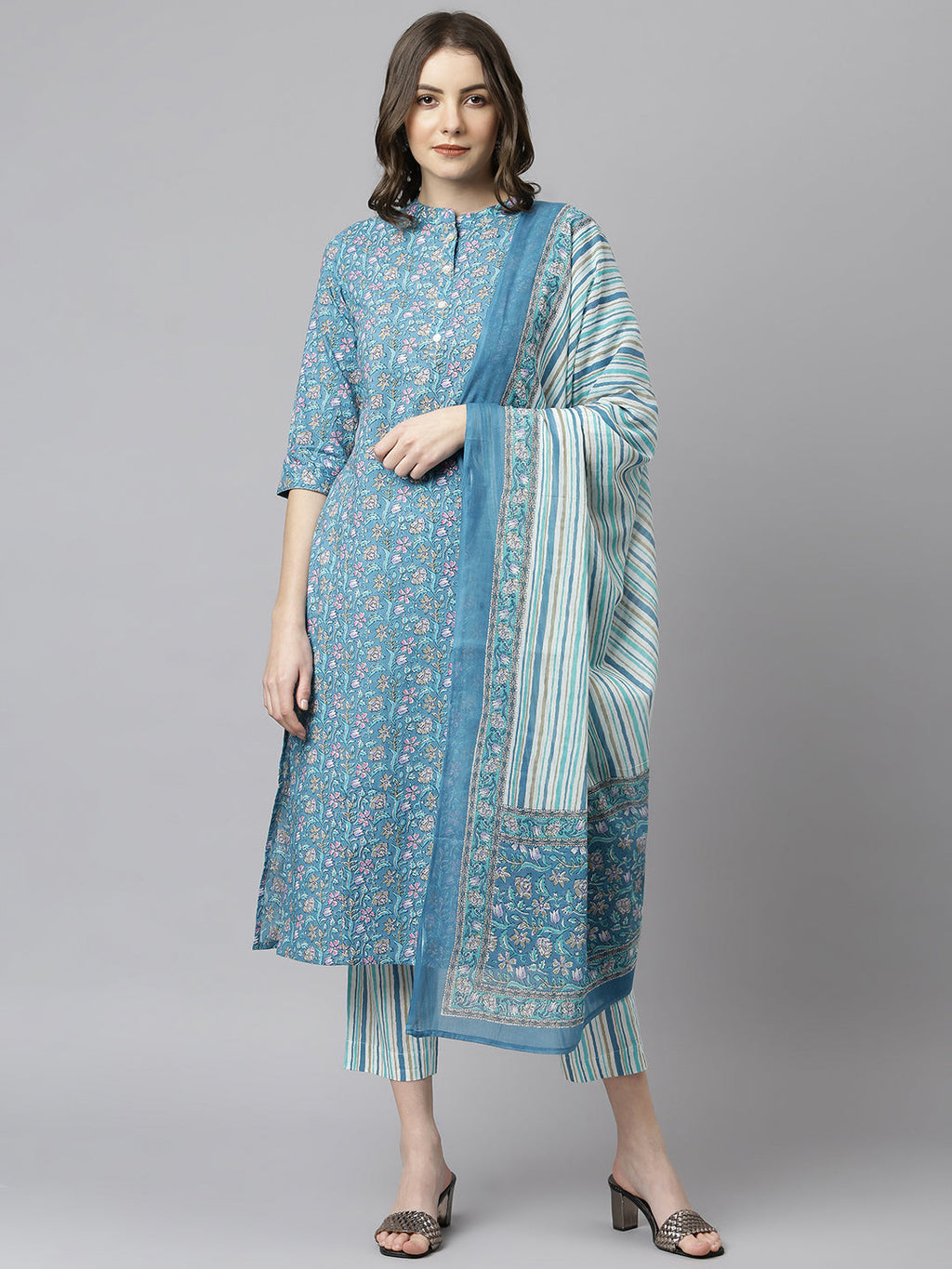 Janasya Women's Blue Cotton Floral Print Kurta With Pant And Dupatta | Grocsy