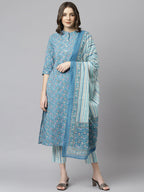 Janasya Women's Blue Cotton Floral Print Kurta With Pant And Dupatta | Grocsy