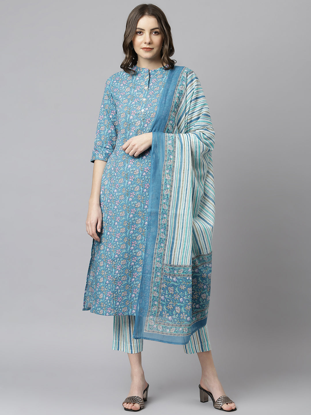 Janasya Women's Blue Cotton Floral Print Kurta With Pant And Dupatta | Grocsy