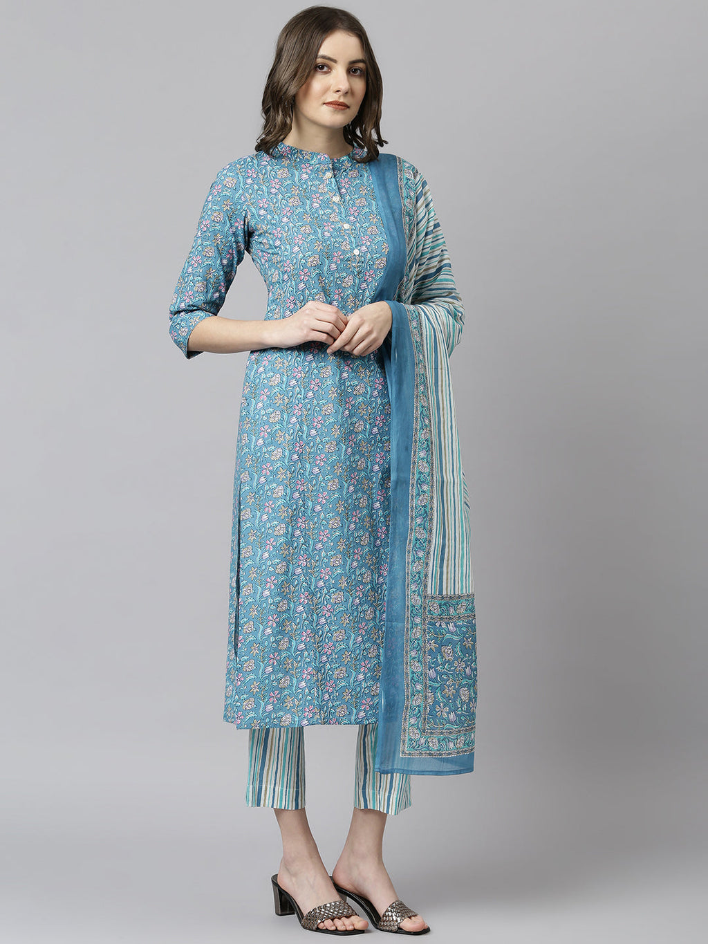 Janasya Women's Blue Cotton Floral Print Kurta With Pant And Dupatta | Grocsy