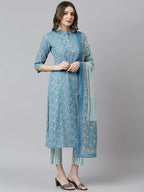 Janasya Women's Blue Cotton Floral Print Kurta With Pant And Dupatta | Grocsy
