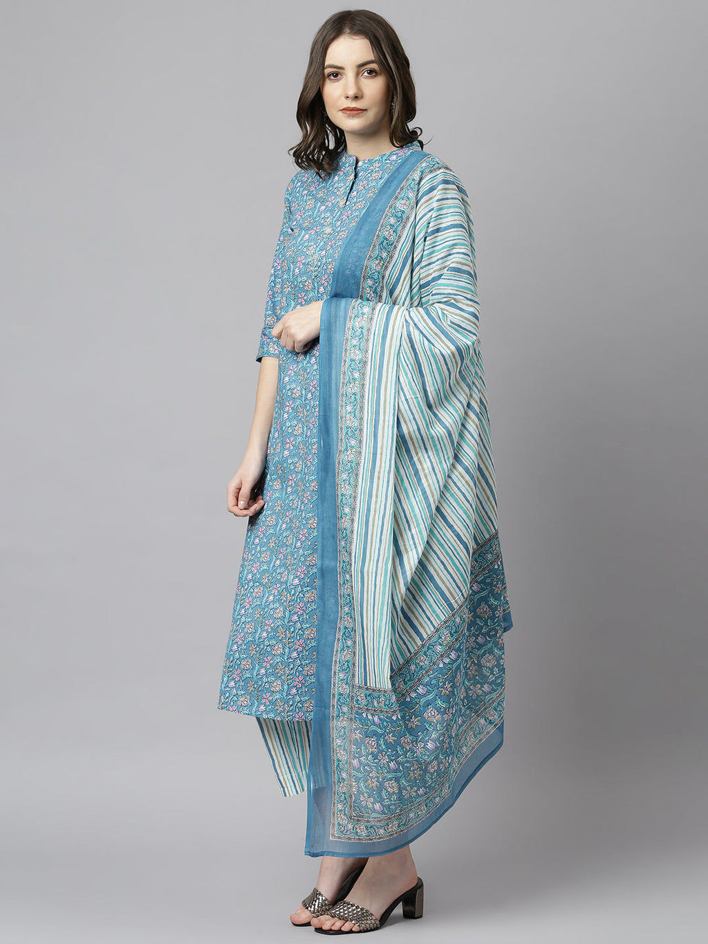 Janasya Women's Blue Cotton Floral Print Kurta With Pant And Dupatta | Grocsy