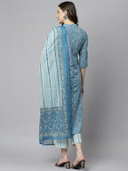 Janasya Women's Blue Cotton Floral Print Kurta With Pant And Dupatta | Grocsy