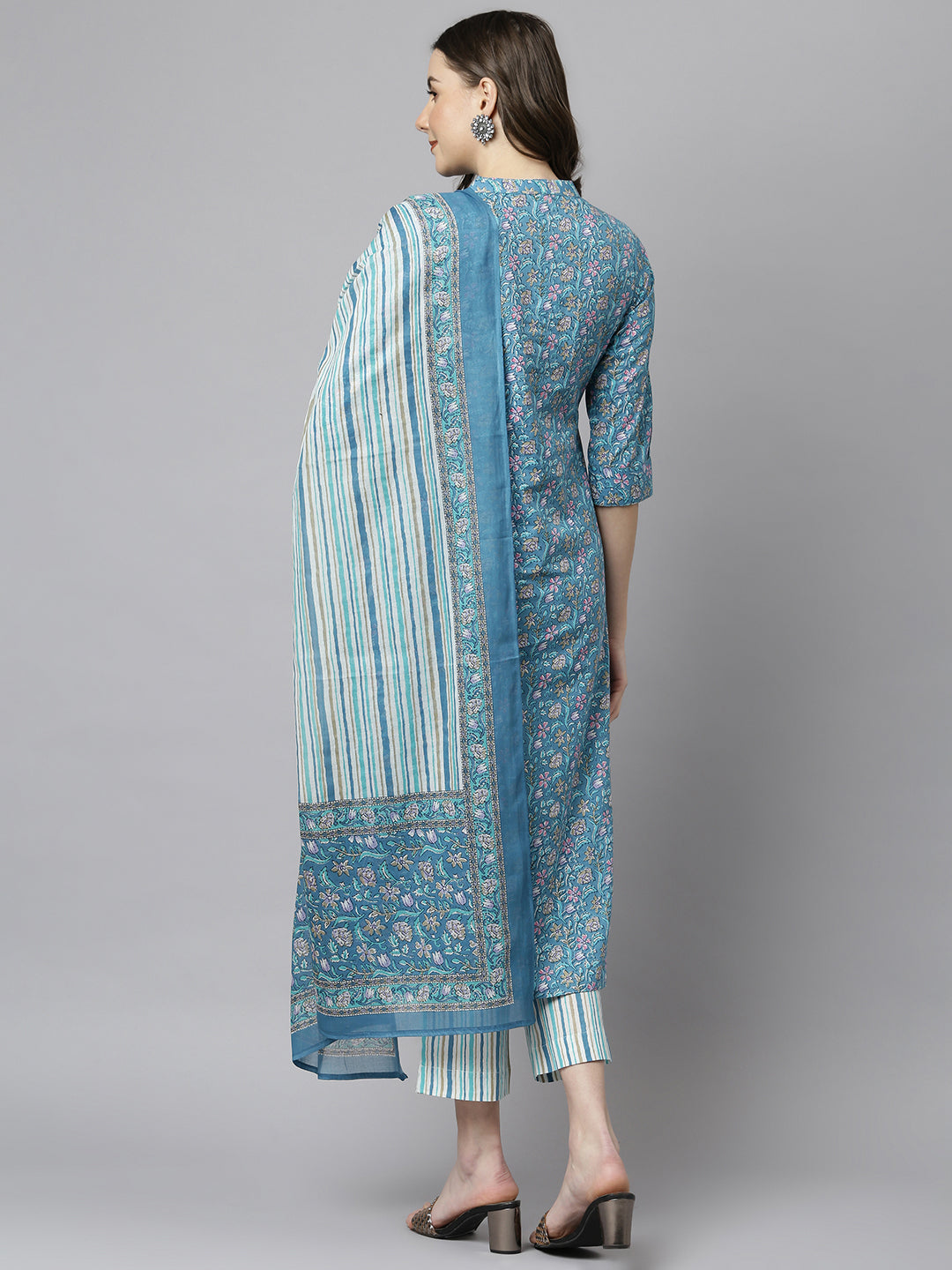 Janasya Women's Blue Cotton Floral Print Kurta With Pant And Dupatta | Grocsy