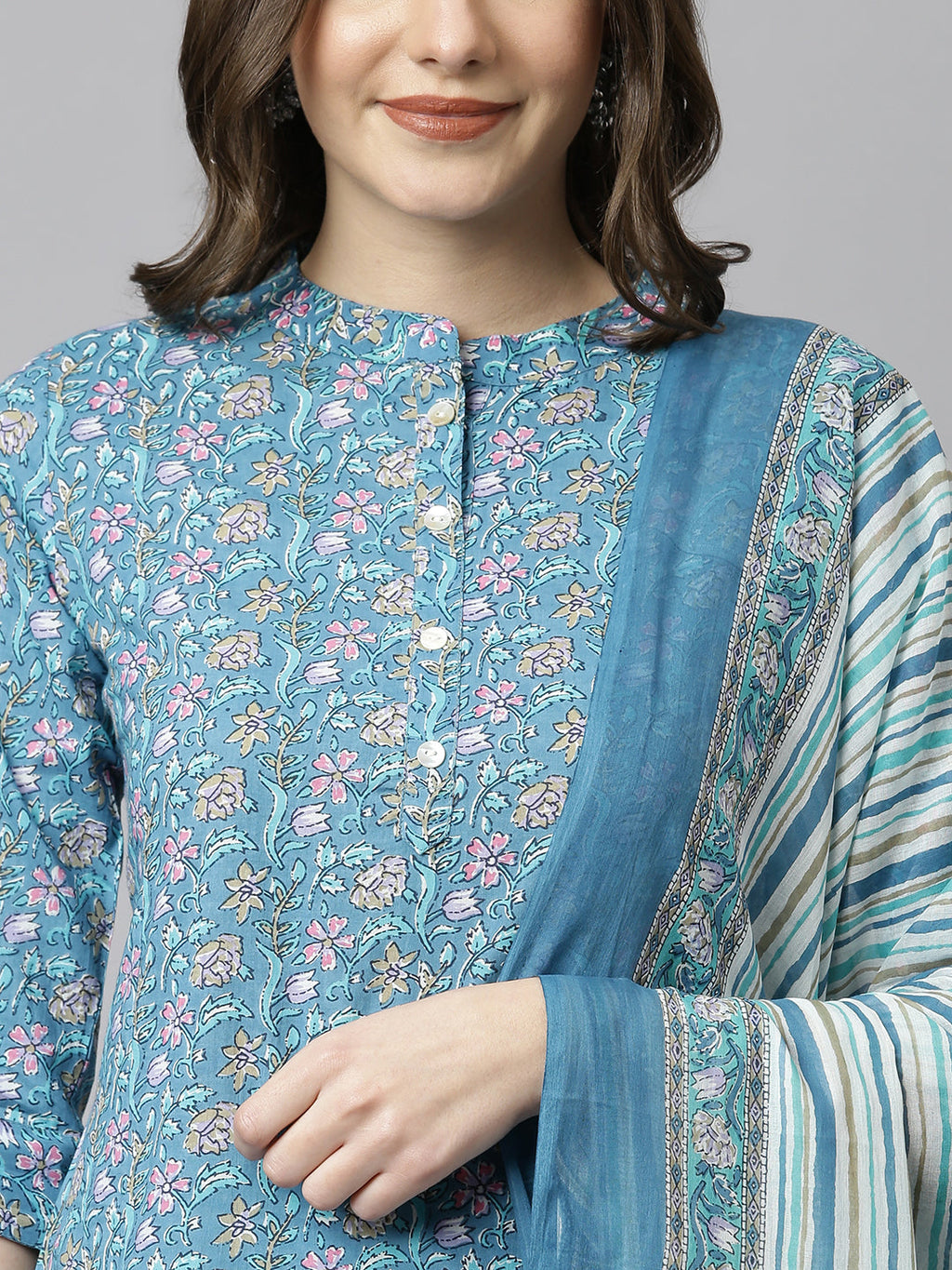 Janasya Women's Blue Cotton Floral Print Kurta With Pant And Dupatta | Grocsy