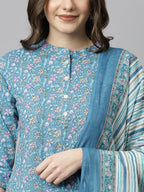 Janasya Women's Blue Cotton Floral Print Kurta With Pant And Dupatta | Grocsy