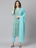 Janasya Women's Sea Green Cotton Floral Print Kurta With Pant And Dupatta | Grocsy